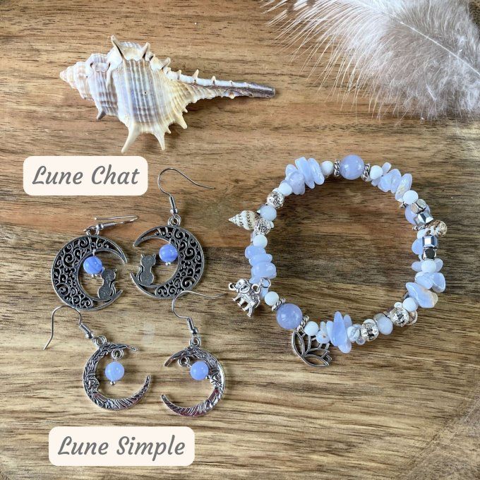 Bracelet Jonc en Calcédoine, perles, coquillages, breloques lotus & éléphant