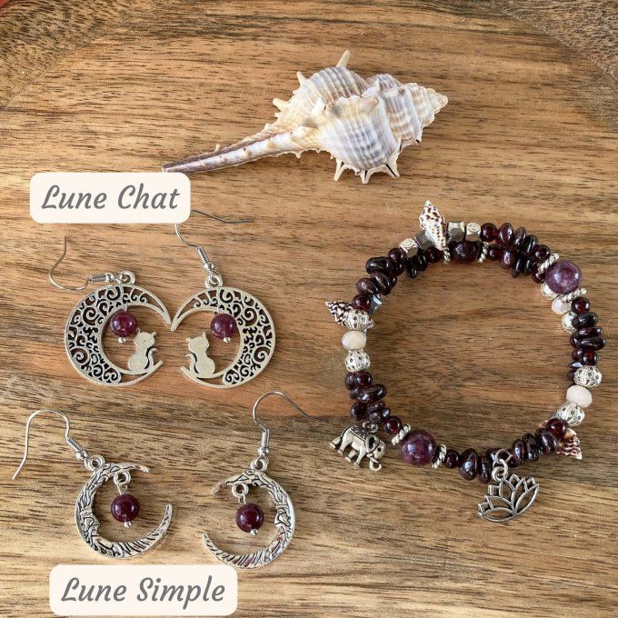 Bracelet Jonc en Grenat, perles, coquillages, breloques lotus & éléphant