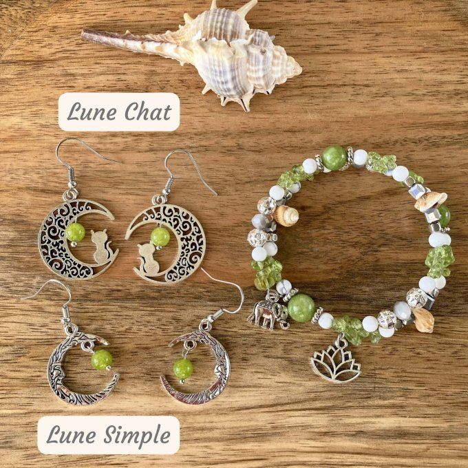 Bracelet Jonc en Péridot, perles, coquillages, breloques lotus & éléphant