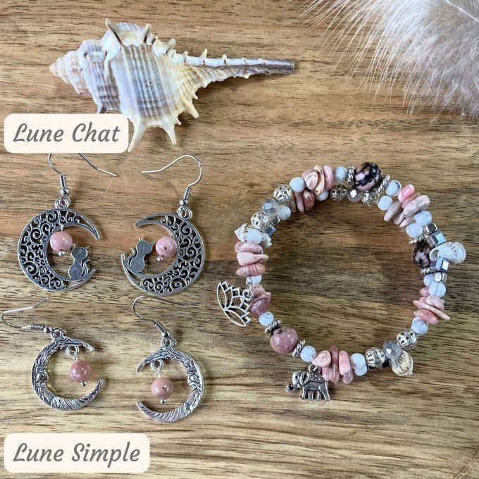 Bracelet Jonc en Rhodochrosite, perles, coquillages, breloques lotus & éléphant 