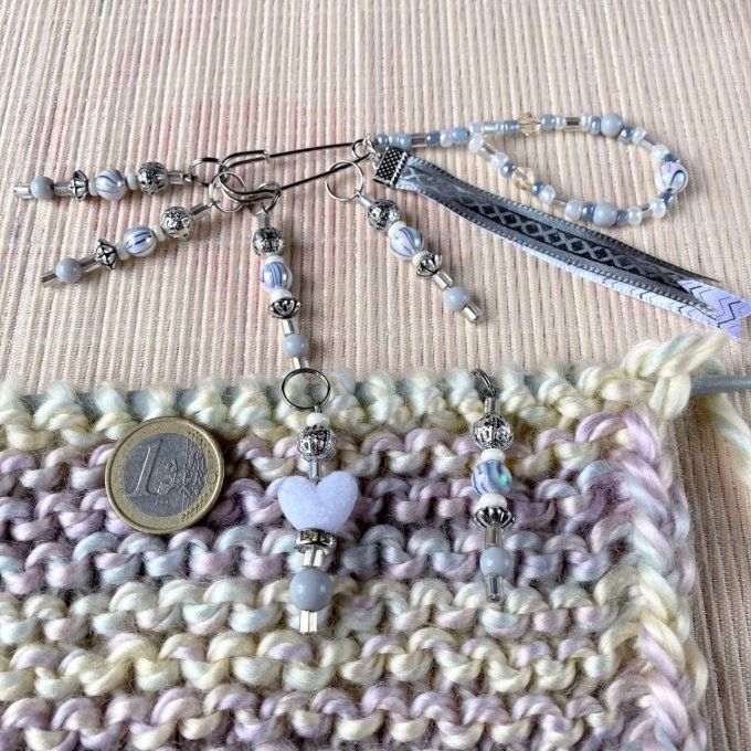 Anneaux marqueurs de mailles pour Tricot et Crochet avec perles Blanches & Grises