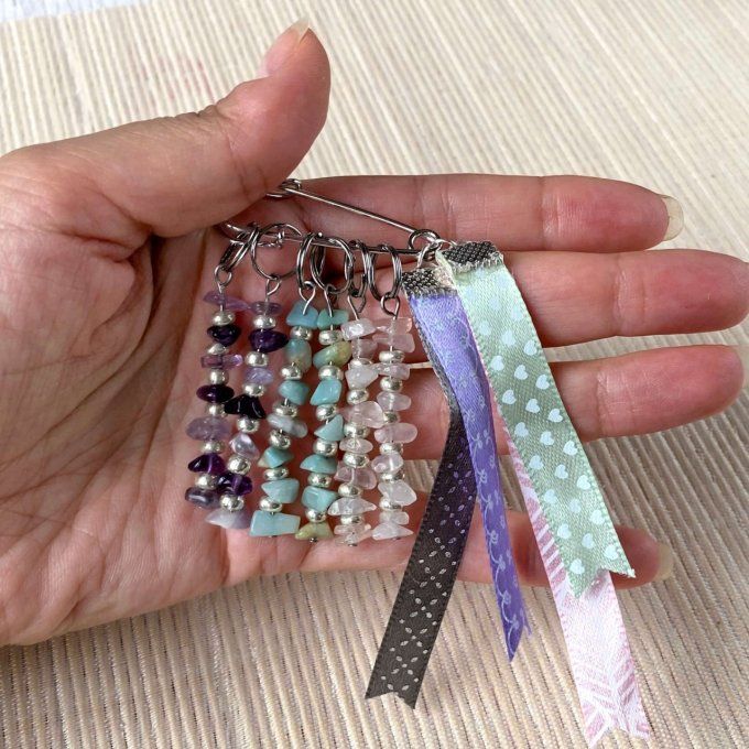 Anneaux marqueurs de mailles pour tricot avec Quartz Rose, Amazonite et Améthyste