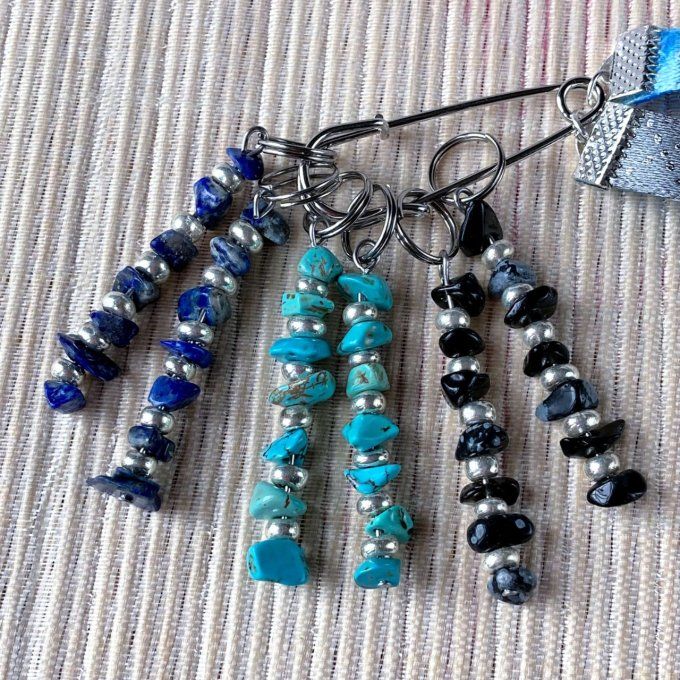 Anneaux marqueurs de mailles pour Tricot et Crochet avec Lapis-lazuli, Turquoise et Obsidienne 