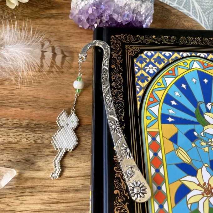 Marque-pages chat blanc en perles Miyuki