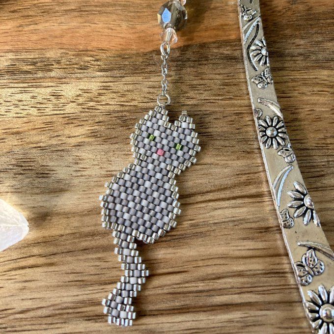 Marque-pages chat gris en perles Miyuki