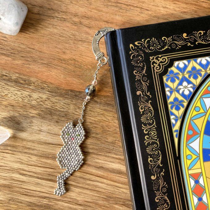 Marque-pages chat gris en perles Miyuki