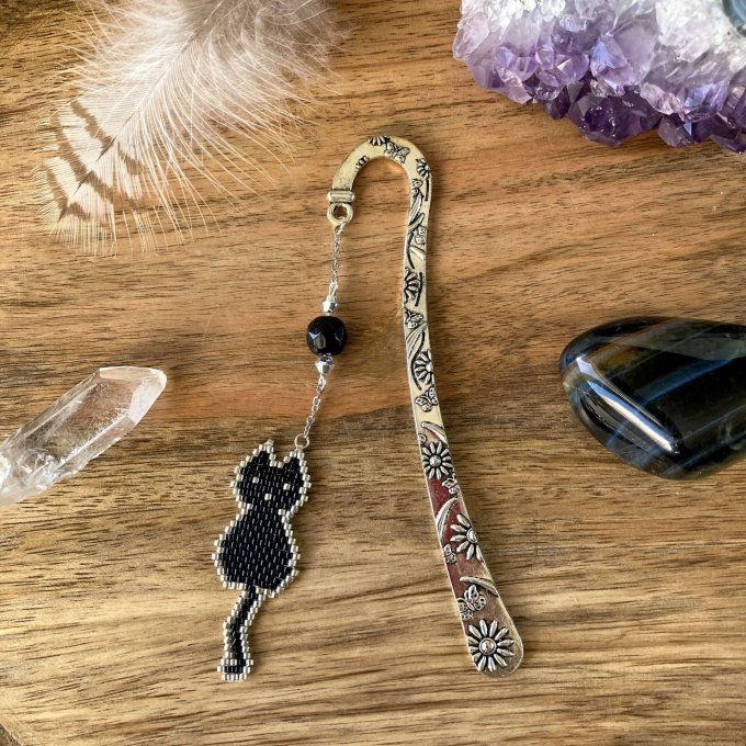 Marque-pages chat noir en perles Miyuki 