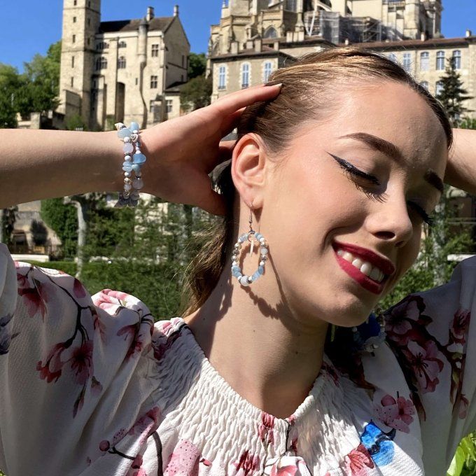 Bracelet Jonc en Aigue Marine, perles, coquillages, breloques lotus & éléphant