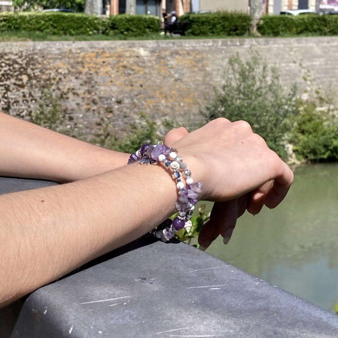 Bracelet Jonc en Améthyste, perles, coquillages, breloques lotus & éléphant