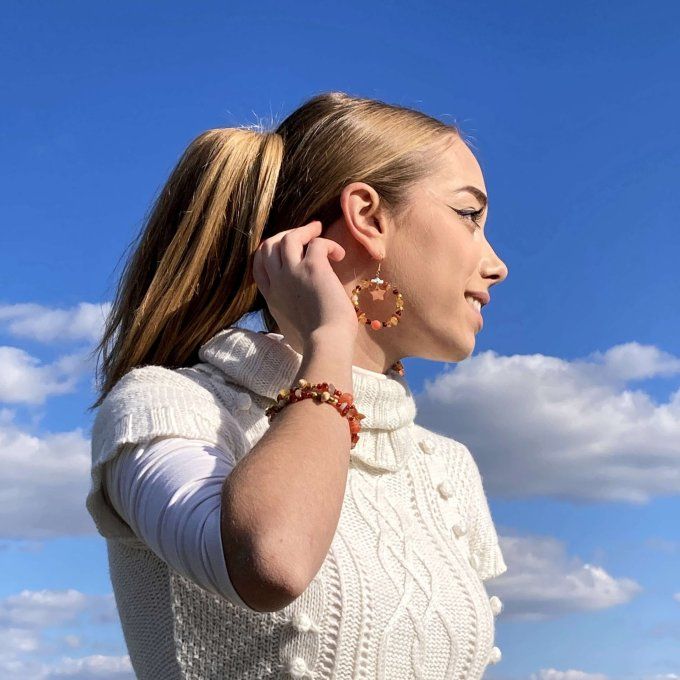Bracelet Jonc en Agate Rouge, perles, coquillages, breloques lotus & éléphant