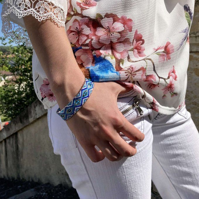 Bracelet tissé en perles Miyuki bleu et argenté