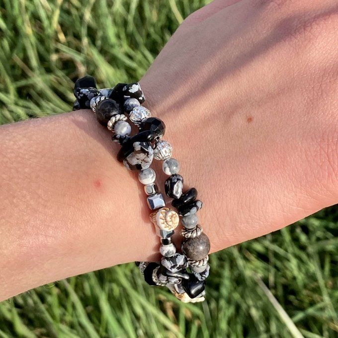 Bracelet Jonc en Obsidienne Mouchetée, perles, coquillages