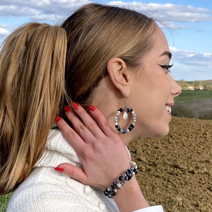 Bracelet Jonc en Obsidienne Mouchetée, perles, coquillages
