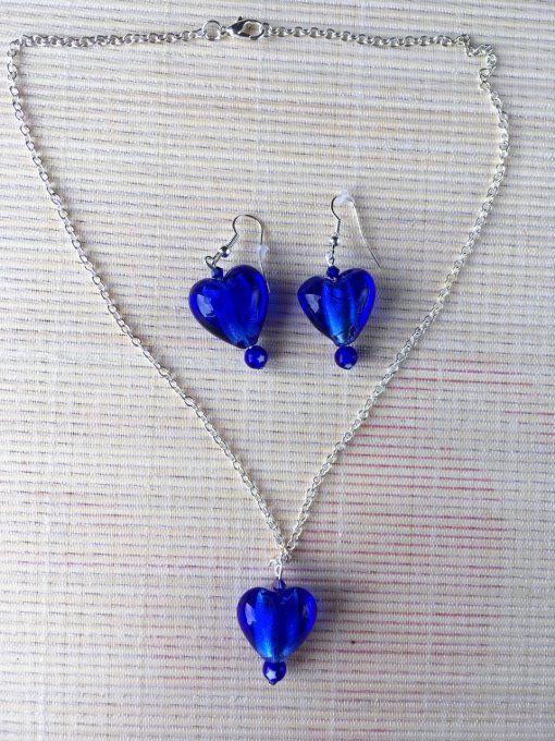 Parure, collier & boucles d'oreilles cœur verre, bleu roi