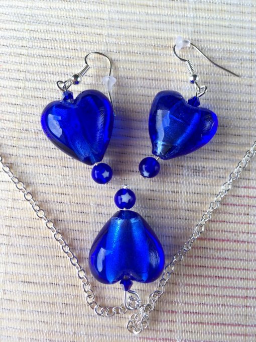 Parure, collier & boucles d'oreilles cœur verre, bleu roi