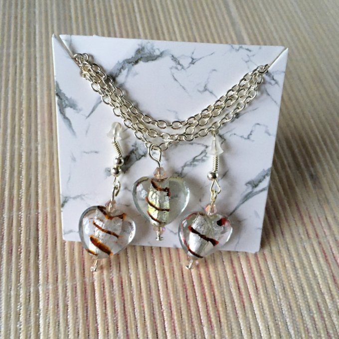 Parure, collier & boucles d'oreilles cœur verre, argenté & marron