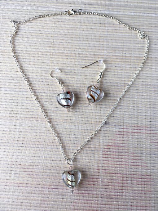 Parure, collier & boucles d'oreilles cœur verre, argenté & marron