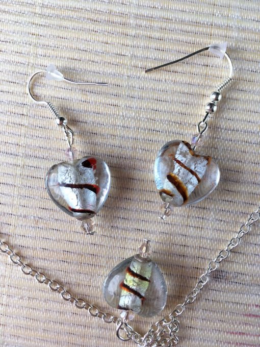 Parure, collier & boucles d'oreilles cœur verre, argenté & marron