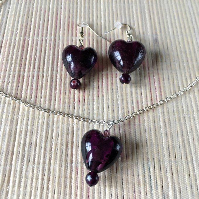 Parure, collier & boucles d'oreilles cœur verre, prune