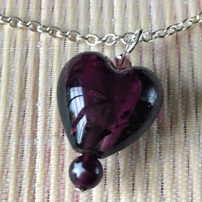 Parure, collier & boucles d'oreilles cœur verre, prune