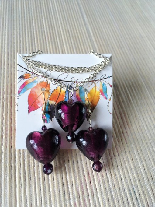 Parure, collier & boucles d'oreilles cœur verre, prune