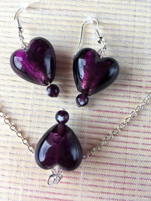 Parure, collier & boucles d'oreilles cœur verre, prune