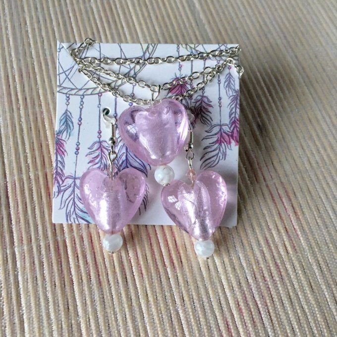 Parure, collier & boucles d'oreilles cœur verre, rose doux