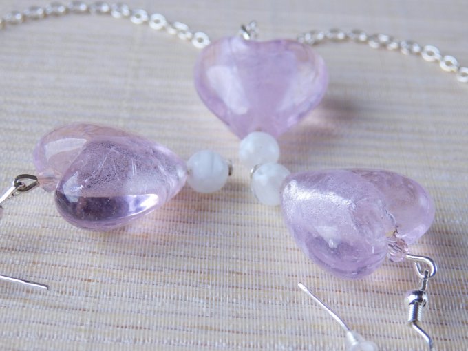 Parure, collier & boucles d'oreilles cœur verre, rose doux