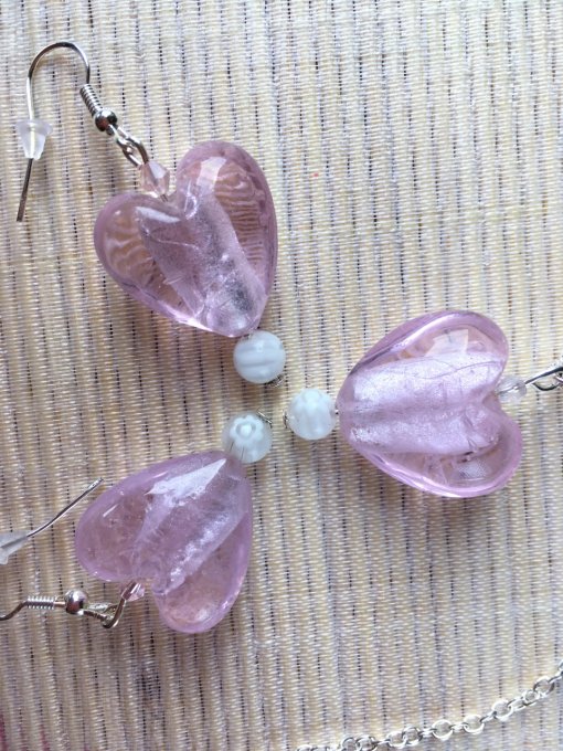 Parure, collier & boucles d'oreilles cœur verre, rose doux