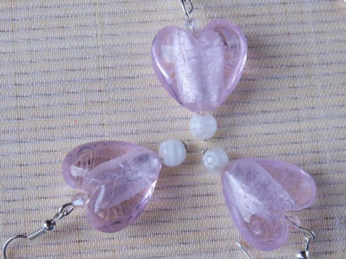 Parure, collier & boucles d'oreilles cœur verre, rose doux