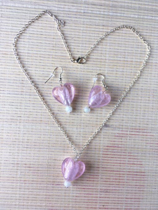 Parure, collier & boucles d'oreilles cœur verre, rose doux