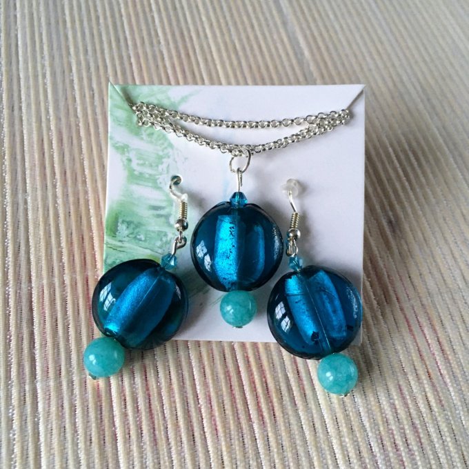 Parure, collier & boucles d'oreilles cœur en verre, bleu canard