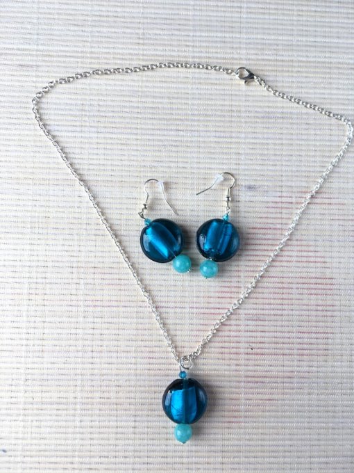 Parure, collier & boucles d'oreilles cœur en verre, bleu canard