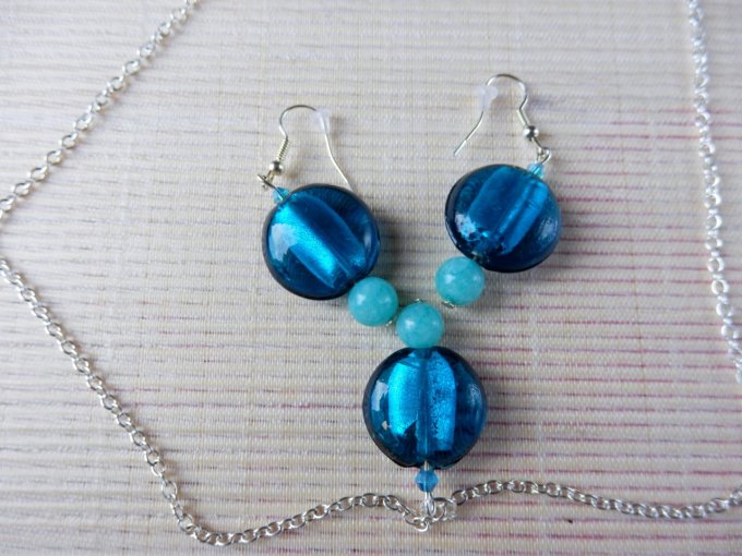 Parure, collier & boucles d'oreilles cœur en verre, bleu canard