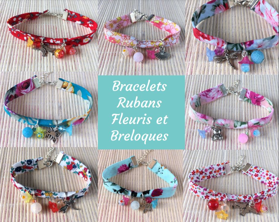 Bracelets en ruban fleuri et breloques
