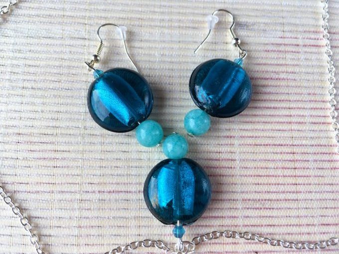 Parure, collier & boucles d'oreilles cœur en verre, bleu canard