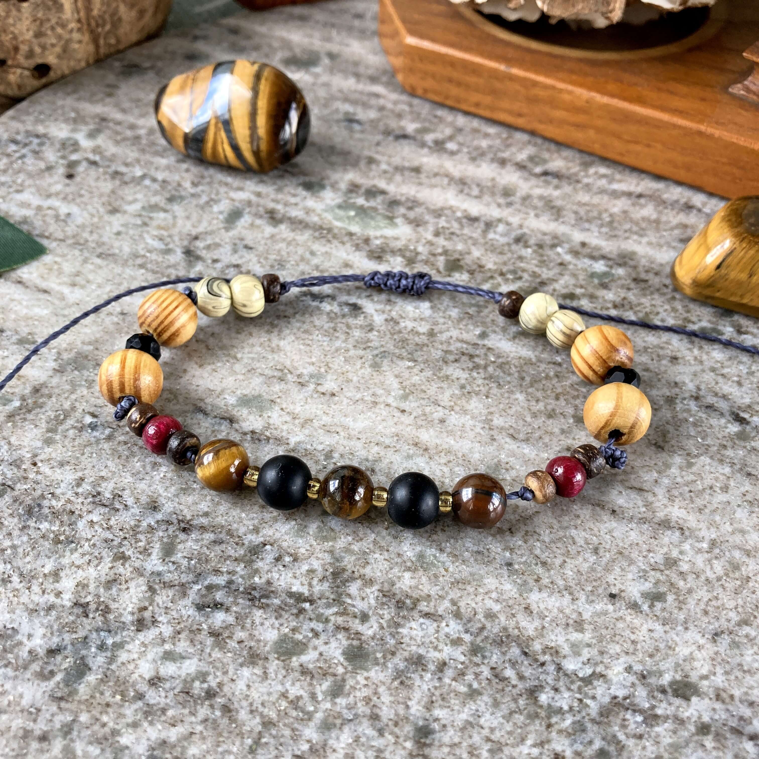 Bracelet homme oeil de tigre et tourmaline noire, bijou artisanal