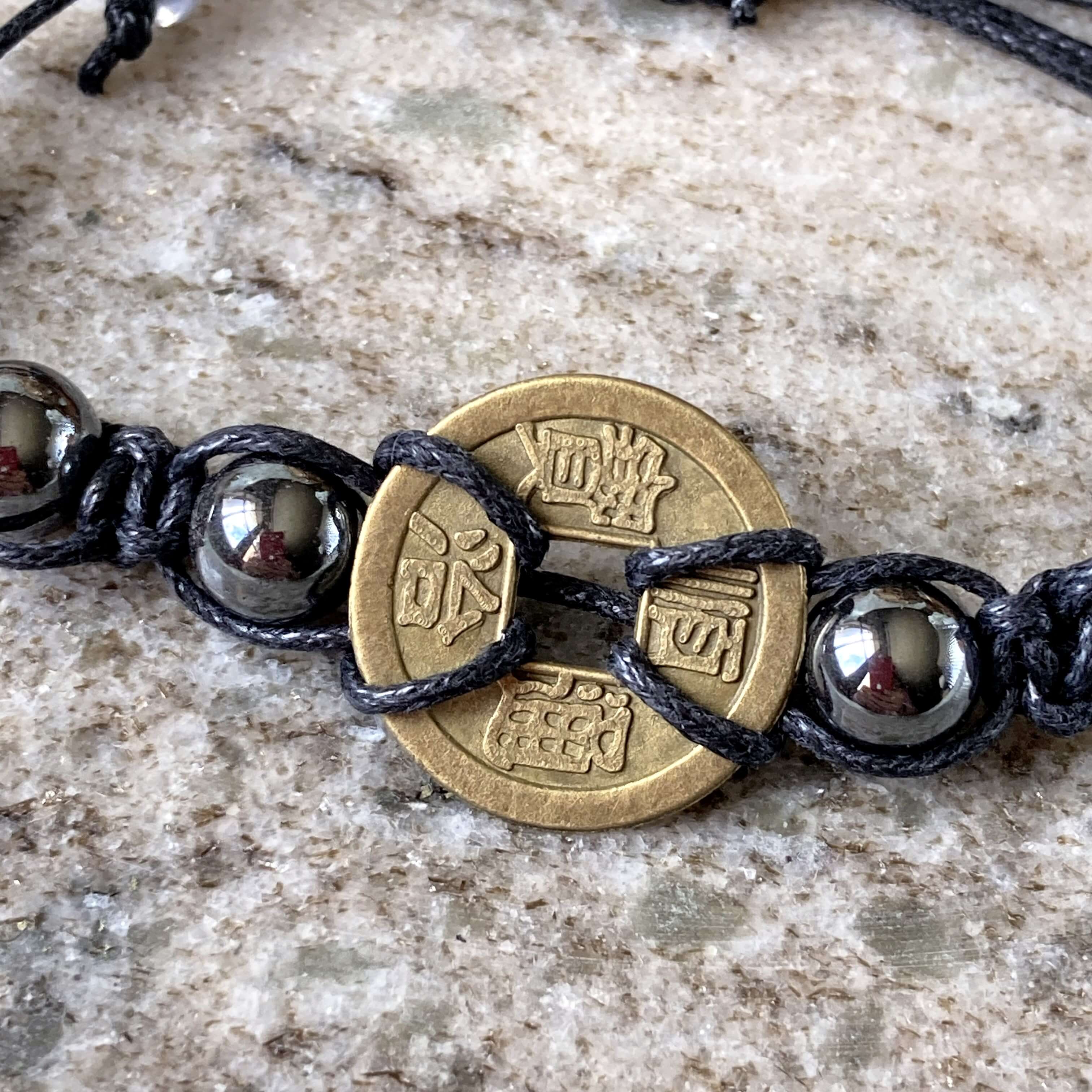 Bracelet pièce chance en hématite, bracelet homme, bijou artisanal